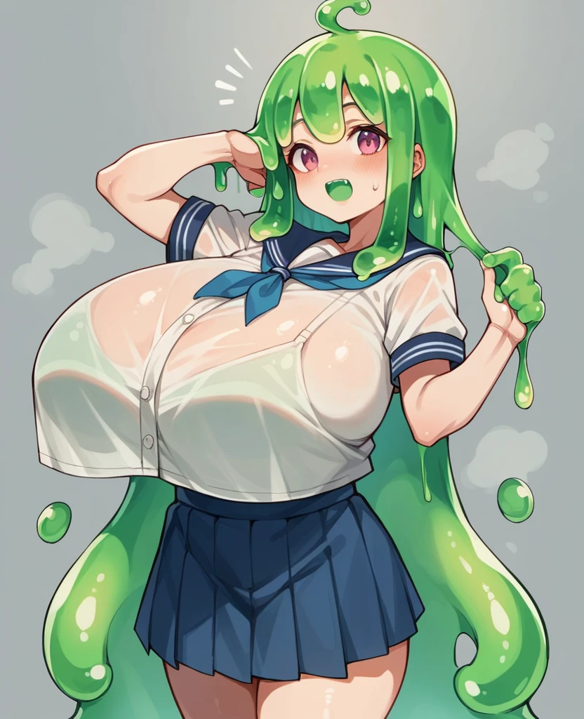 hot、White Breath, gigantic breast, squat,Spread your legs、Hands behind head、Green hair twintails、Latex Cheerleader、mini skirt、Very wet、Composition looking up from a little below.、Simple Background、White panties、blush、Knee-high socks、sister、Proudly