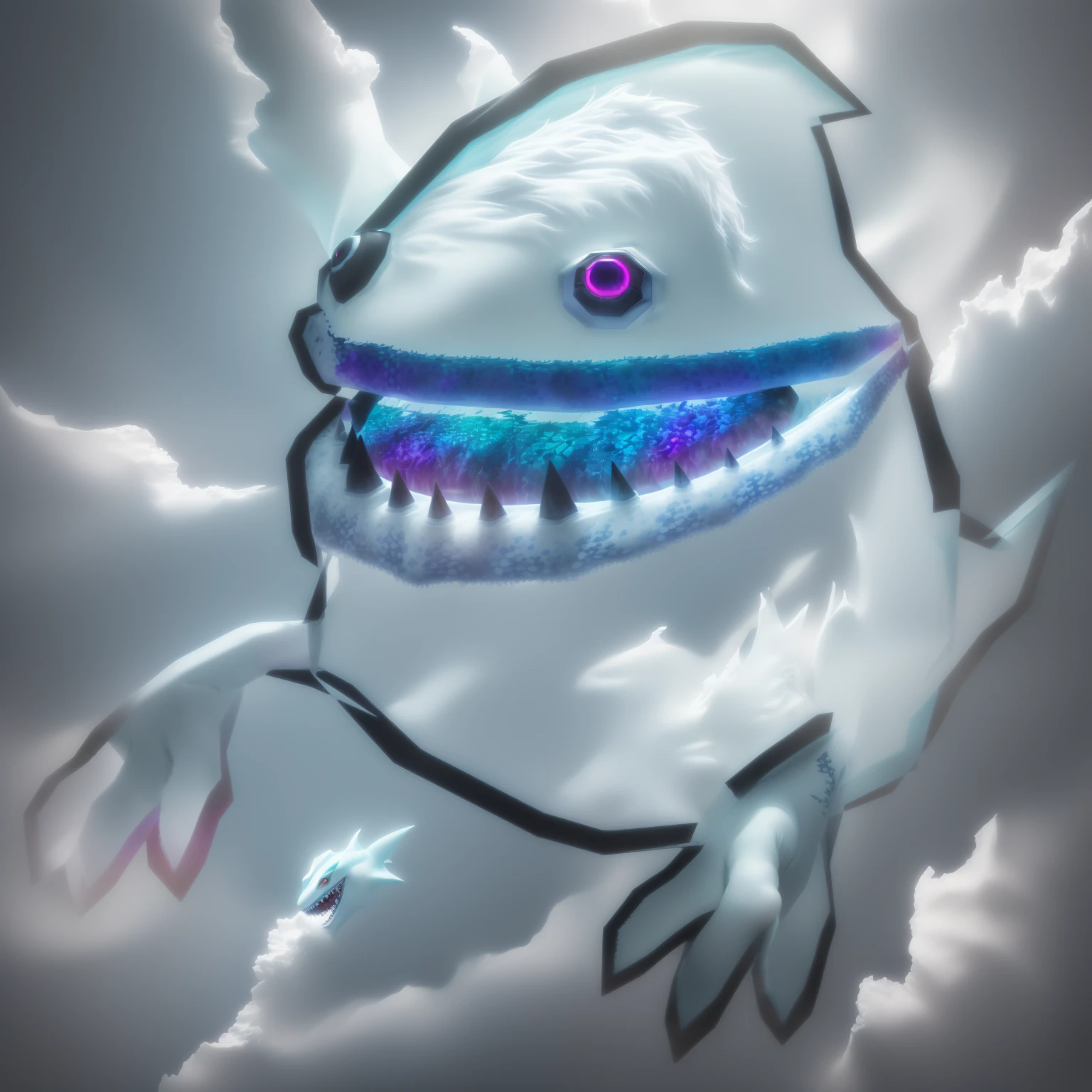 There is a cartoon image of a monster with a rainbow-colored mouth., Rainbow-colored ghostly, White scary skin, A whimsical demon with rainbow-colored fur., anthropomorphic shark, That's horrible :4, Smiling Gelatinous, Corneal aberration, Glowing male creature, Ice Swamp Monster, Adorable glowing creatures, Octane Rendering, Dark rainbow halo