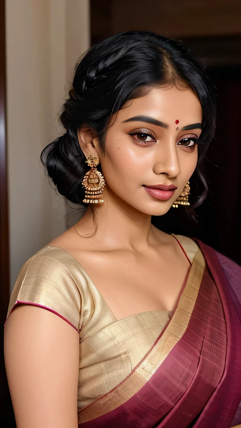 A beautiful Indian woman, aged around 32, with an elegant, traditional look. She has a serene expression with a gentle smile. She is wearing a deep maroon saree with a purple border adorned with intricate golden embroidery, without a blouse. Her hair is styled in a neat, traditional updo with a few soft curls framing her face. She has a larger bust size, adding to her graceful appearance, with a semi-revealing saree drape that tastefully showcases her bust. She wears gold jhumka earrings and a small red bindi on her forehead. The background is a soft pink hue, adding to the overall warm and inviting ambiance. The image should have a focus on her upper body, highlighting her traditional attire and jewelry.
