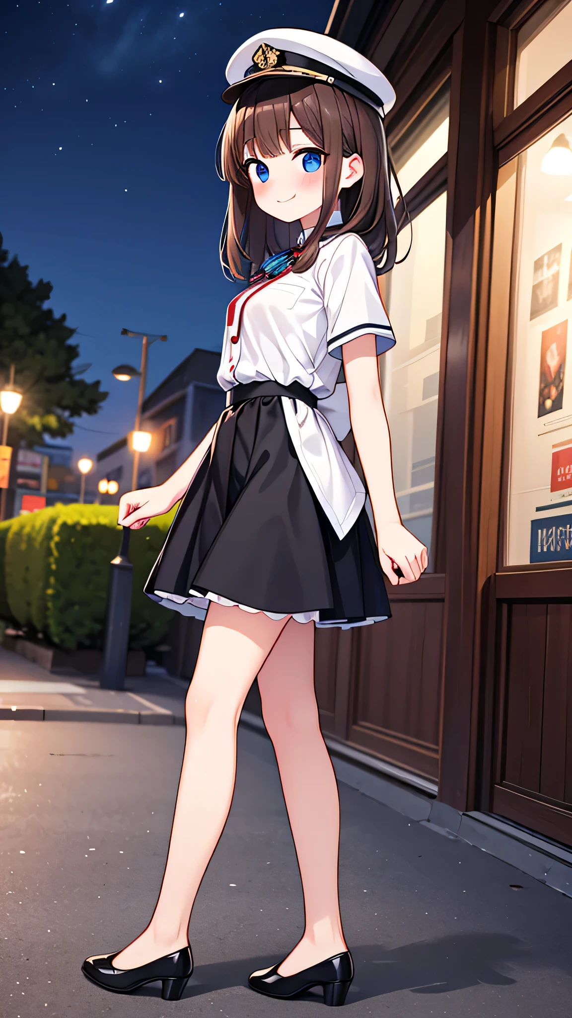 {Highest quality}, {Super beautiful},{Ultra fine},{Best illustration},Brown Hair,Hime cut,semi-long,Bangs,Standing Woman,Uniform cap,White Shirt,Short sleeve,Long black skirt,Night Park,Embarrassed,smilingly,Blushing,Slender women, A woman wearing plain black pumps,Bare feet and pumps,From an angle