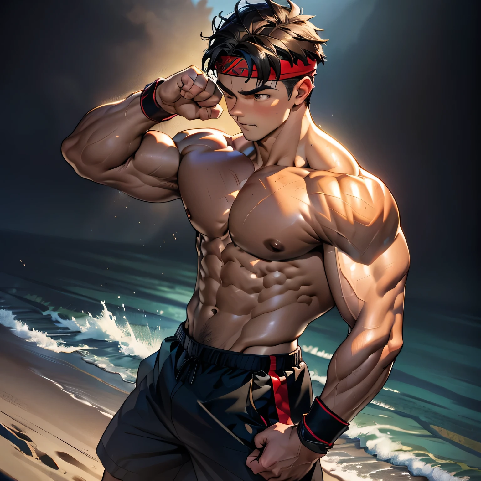 (Masterpiece, Best quality 17 year old boy, black background, cowboy shot, looking away), ((((solo)))), Young, boy, muscler, Shirtless, topless, (Dark Short straight hair, almost completely shaved hair, under cut, brown eyes), (red headband, ((fingerless grobe, black wristband))), ((hot Abs:1.2, big breast:1.2, upper arms, jacked muscle, beautiful musculature, aesthetic striations, inspirational physique, lean muscle, square pecs, beautiful v-taper, great abs and torso), Vivid colors, detailed face, detailed muscle, (((rippling muscles, fighting pose, struggle, combats, ready to fight)))
