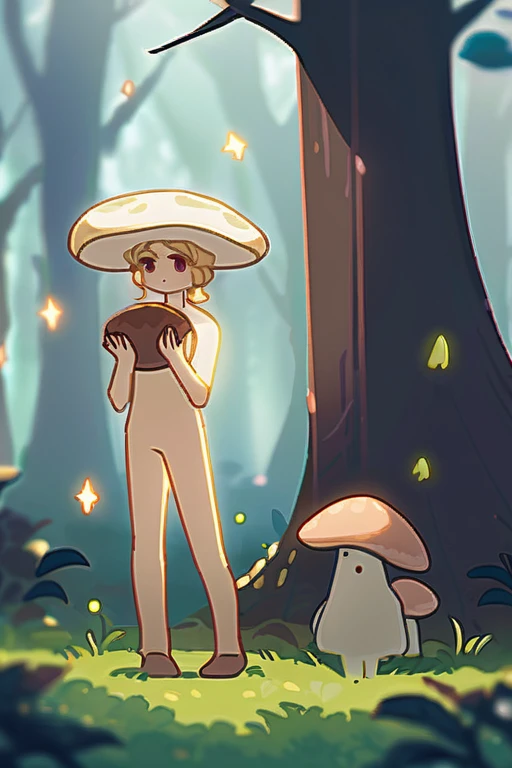 ((Лучшее качество)), ((шедевр)), (подробный), Naked girl looking for mushrooms in the forest
