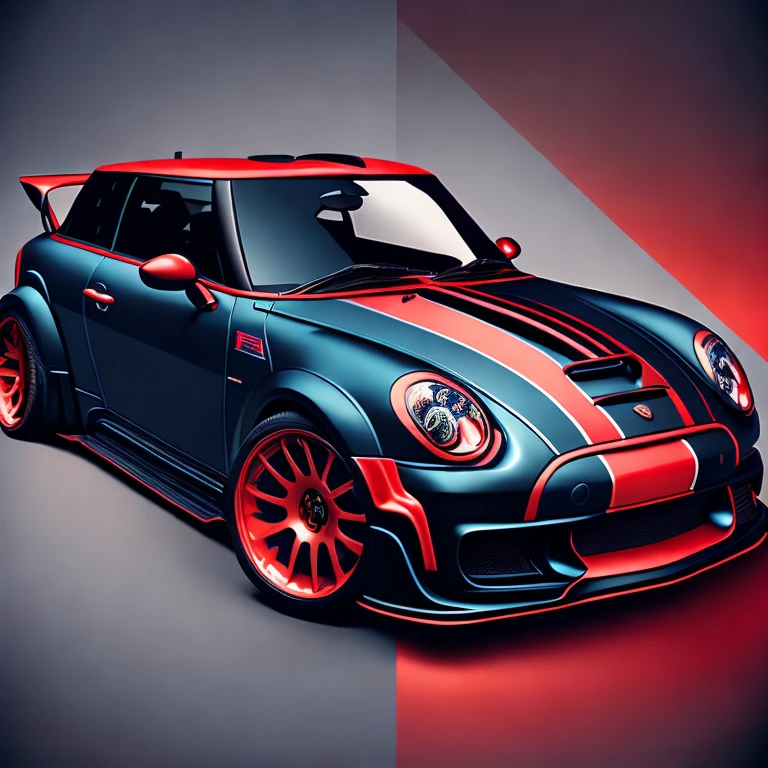 Art for t-shirt graphic design, a modern graphic design, Classic blue Mini Cooper S, ((carbon fiber, Kit de corpo ultra largo Liberty walk)), Aggressive pose ((fund: outside old industrial style building, large windows in fund, cloudy sky, heavy industrial look, cobble stone Street)), 8 k quality, realisitic, 真实感, Spitz, detailded, ultralargo, black and carbon fiber and deep candy colour scheme, frontal profile, epic stance, Epic Ultra Long Body Kit, super low posture, aggressive looks , Street, bold red, fund British flag in vintage pastel tone, highly detailded clean, vector image, realisitic masterpiece, professional photograpy, realisitic car, car sunrise fund, flat black fund, isometric, vibrant vector