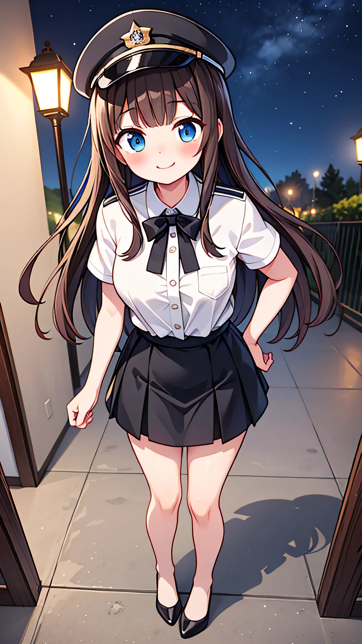 {Highest quality}, {Super beautiful},{Ultra fine},{Best illustration},Brown Hair,Hime cut,semi-long,Bangs,Standing Woman,Uniform cap,White Shirt,Short sleeve,Long black skirt,Night Park,Embarrassed,smilingly,Blushing,Slender women, A woman wearing plain black pumps,Bare feet and pumps,From above