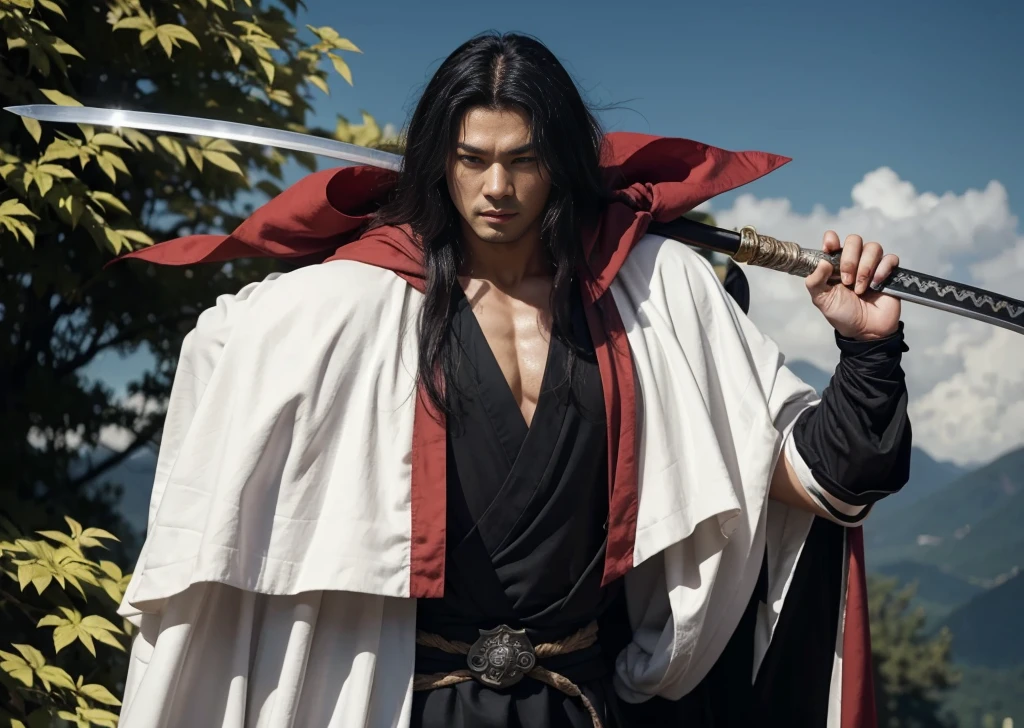 arafed man (hiko seijuro) in a black and white robe holding a sword, anime cosplay, flowing hair and long robes, (hiko seijuro) as a super villain, beautiful male god of death, with cape, full body wuxia, with a long black cape