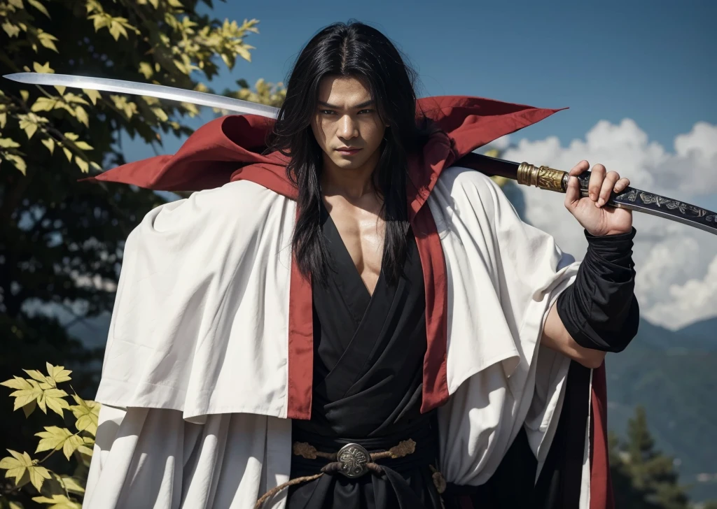 arafed man (hiko seijuro) in a black and white robe holding a sword, anime cosplay, flowing hair and long robes, (hiko seijuro) as a super villain, beautiful male god of death, with cape, full body wuxia, with a long black cape