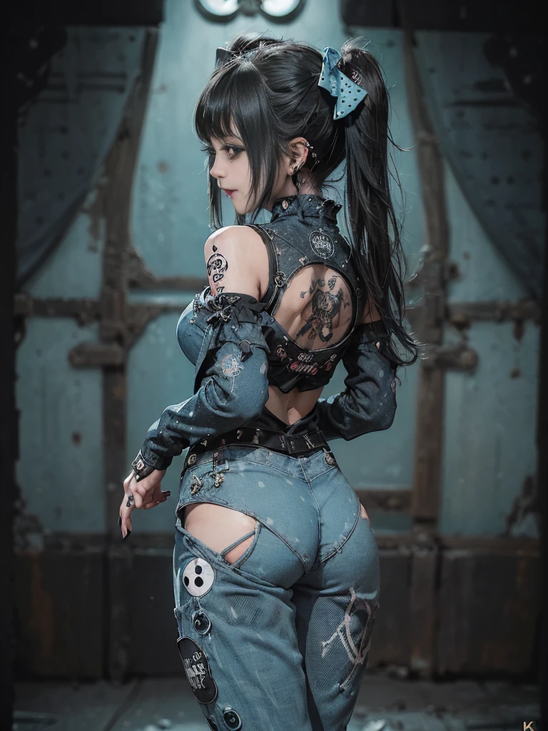 (Full Body View:1.4)、(Back view:1.3)、(Accentuate your butt:1.3)、(Smiling with teeth showing:1.3),(Shibuya Gal:1.5)、(Gothic Lolita style fashion:1.5)、(Punk RockVisual Kei:1.5)、(Wearing a rhythmic gymnastics bodysuit with intricate details:1.4)、(Racing suit and pants with intricate turquoise, denim and charcoal decorations:1.5)、(Denim and light blue and turquoise boots:1.3)、((belt))、(Numerous delicate logo marks all over the costume:1.4)、(collar:1.3)、(Polka dot underwear:1.5)、20-year-old、NSFW、((Highest quality、In 8K、masterpiece:1.3))、Sharp focus:1.2、(Layered Cut、Huge boobs:1.1),Beautiful woman with perfect figure:1.4、(do a gravure pose:1.3)、Slender Abs:1.2、Highly detailed face and skin texture、Detailed eyes、double eyelid,(Twin tails:1.3)、(Black brown hair:1.3)、Gravure idol、(The background is the stage of the fashion show:1.3)、(Slim body:1.3),(Make your legs thinner:1.4),（clavicle:1.1）