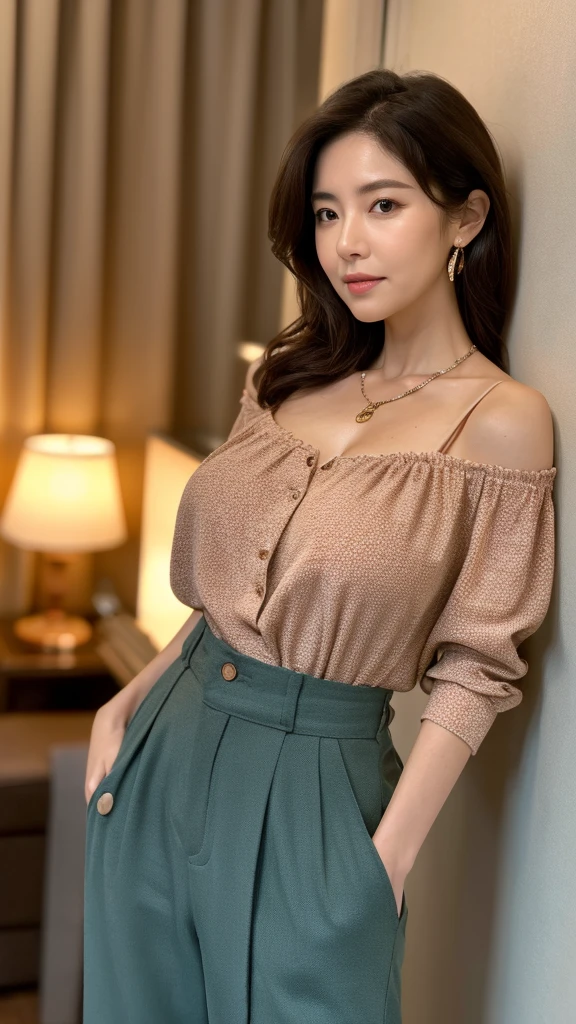 Scored7_up, scored8_up, Scored9, real-picture:1.9, (masterpiece), high quality, best quality, (blush), smooth, professional photograph, ultra-realistic, hyperdetailed, hyperrealistic, maximum detailed texture, highly detailed face and skin, sharp focus of face and full body, UHD, POV, RAW, HDR, 8K, (full body), natural themes, dynamic concept, cinematic, ((soft light, sufficent lighting, low lighting)), cool-beauty, (maturewomen), age 54, korean, thin-face, perfect face, freckless, expressive eyes, doubleyelids, long wavy hair, large shoulder, ((proportional)), busty body, (giant breasted), big hips, big thigh, (wearing long blouse), cleavages, wide legged linen baggy trouser, necklace, standing pose. Indoor, bedroom with fancy furniture background. ((Front view, looking at viewer, front position)).