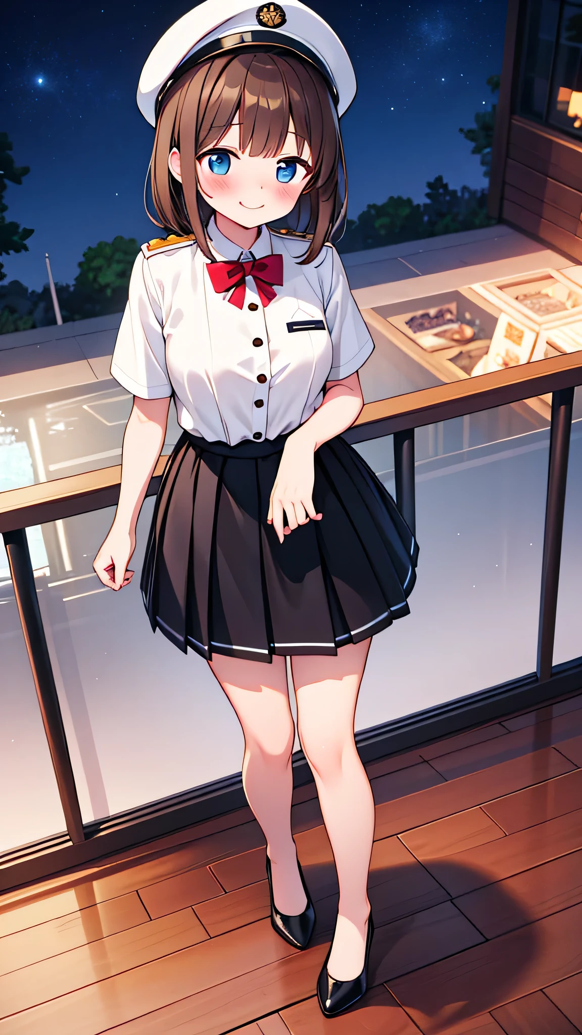{Highest quality}, {Super beautiful},{Ultra fine},{Best illustration},Brown Hair,Hime cut,semi-long,Bangs,Standing Woman,Uniform cap,White Shirt,Short sleeve,Long black skirt,Night Park,Embarrassed,smilingly,Blushing,Slender women, A woman wearing plain black pumps,Bare feet and pumps,From above