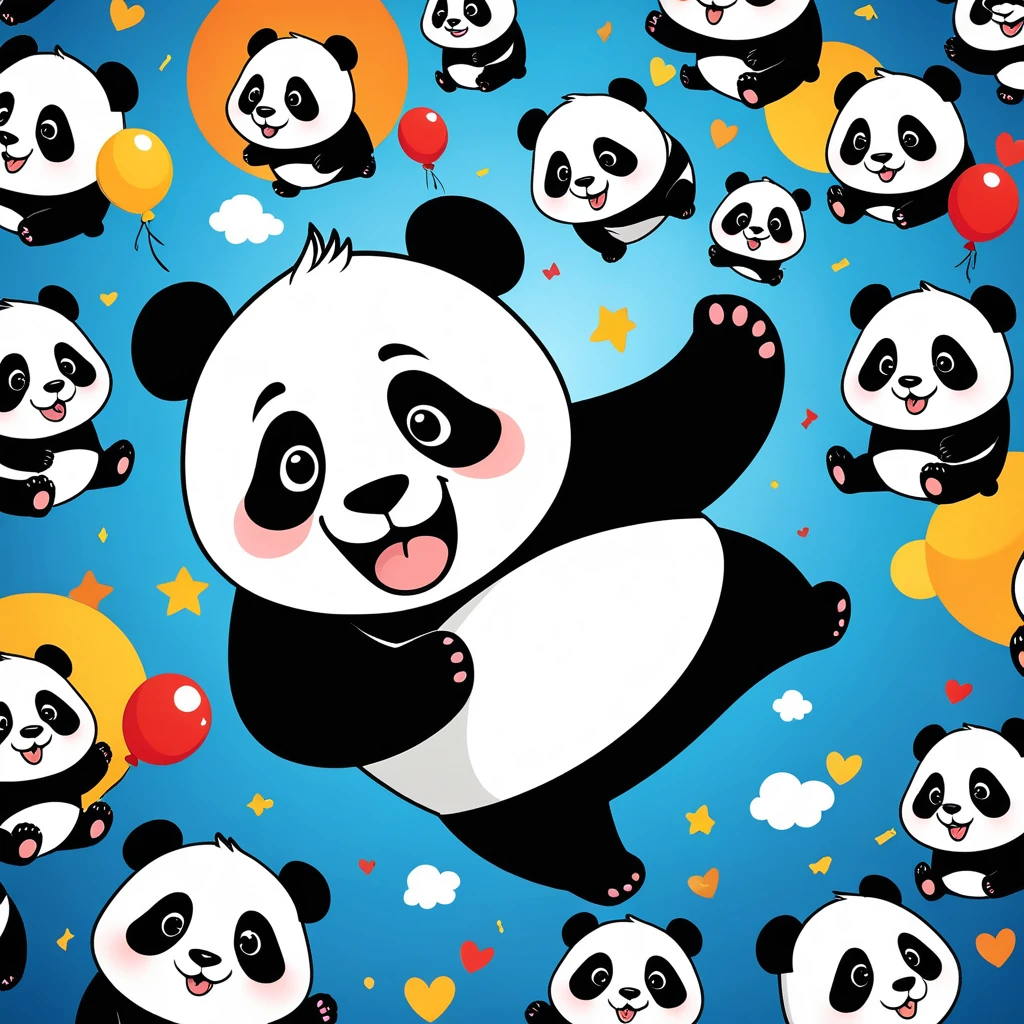 Create a 4K wallpaper with a cartoon panda depicting a happy expression, surrounded by relevant elements and set against a suitable background.