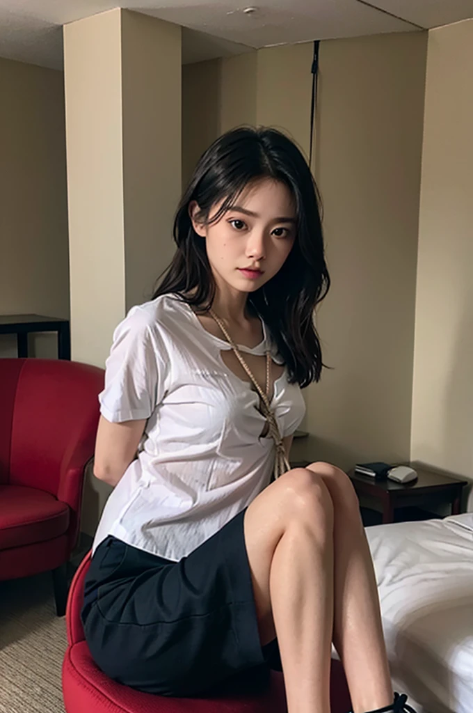 Beautiful woman tied up and bound、Well-formed face、Even out the eyey hands are tied with ropes、Align your feet、Bright room in the hotel、Short sleeve shirt、Place on a chair、20talent、Medium、as in real life、Highest quality、