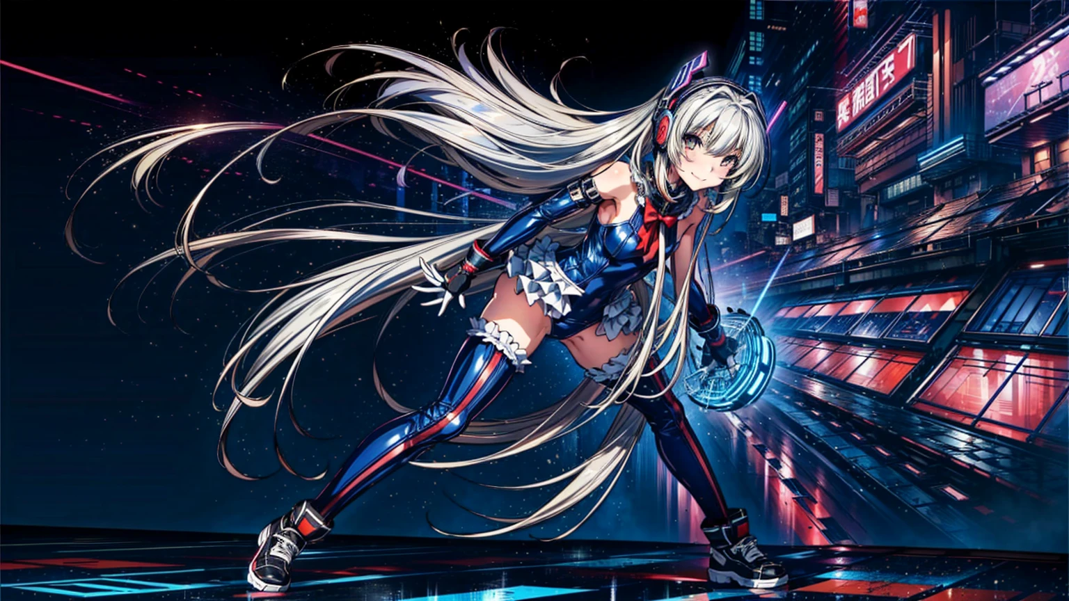 finest masterpiece, Super detailed, Highest quality, Sharp focus, 12k, ultra hi resolution picture, big ,12k,Perfect Anatomy, Highest quality, Marie Rose,Wicked Smile,Provocative attitude
,,evil Smile,Anime Style,(Frilled swimsuit, Knee socks, Removed sleeve), (Anime Style:1.4) ,
,(White fingers:1.1,Black gloves),
Hollow Eyes,,One Girl、(cyber punk:1.4),,(Very long hair:1.6),(full body:1.6),
Silver Hair,(Full Face Headgear:1.6),Are standing,Neon Light,From the side,Dynamic Na-Angle