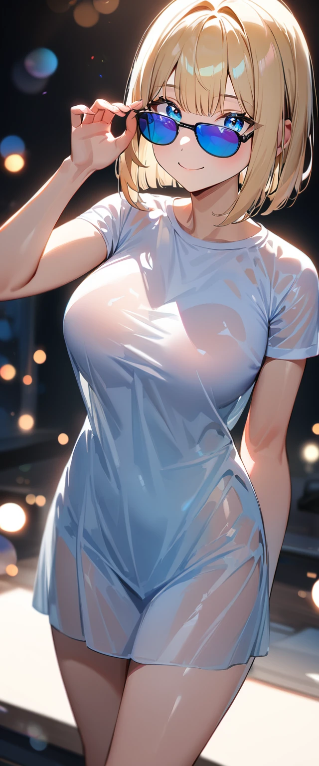 (((One Girl))), Blonde, Bobcut, (Cowboy Shot), ((sunglasses, hand to sunglasses)), (View your viewers), Focus on the face, , Tilt your head:1.3, (((blue eyes))), ((Smile)), ((blush)), Contrasting, Place one hand on hip, (((Exposed clothing))), School summer clothes, (((Large Breasts)te shirt, ((See-through clothing)), skirt, , Anime Style, (Highest quality, 4K, 8K, High resolution, masterpiece:1.2, Super detailed, Super detailed eyes, High resolution, 超High resolution, Studio Lighting, Ultra-fine painting, Sharp focus, Physically Based Rendering, Very detailed explanation, Professional, Vibrant colors, Bokeh)