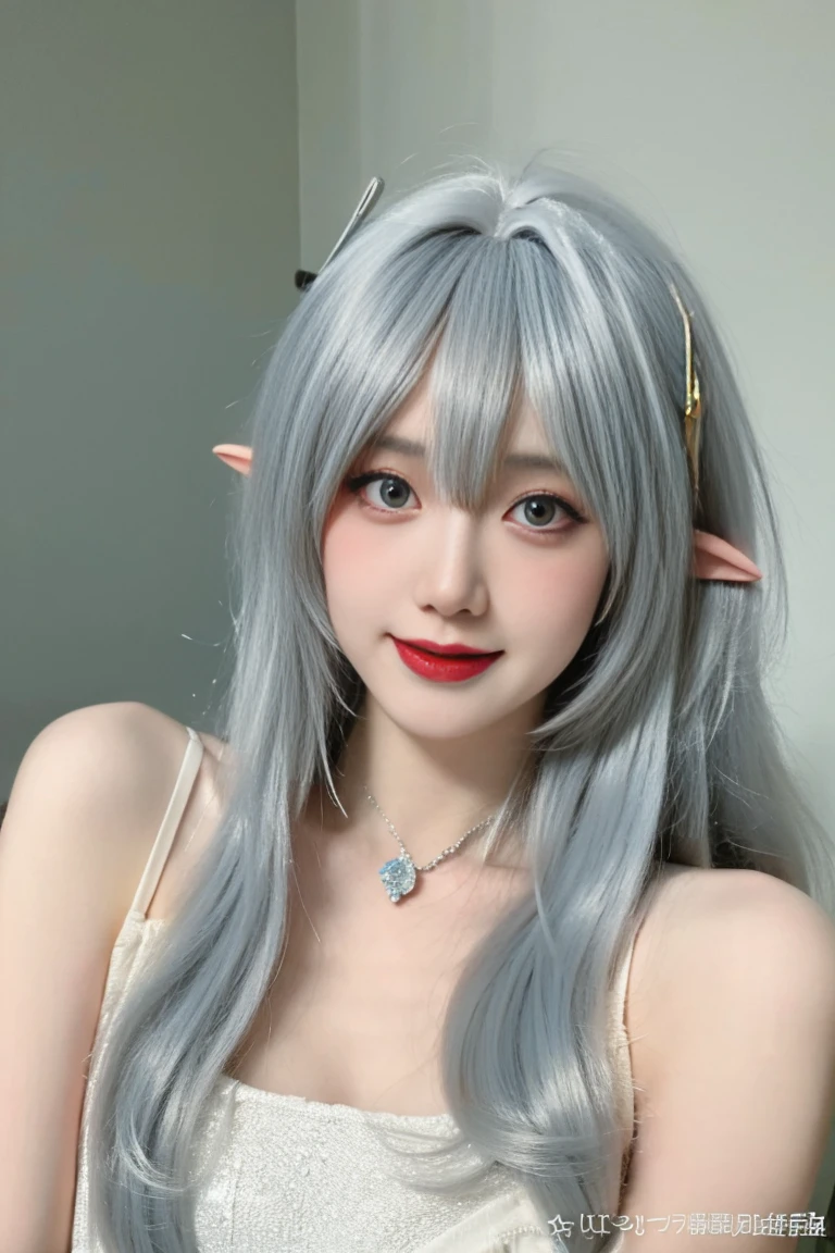 best quality, tmasterpiece,Ultra-high resolution,Clear face,（Reality：1.4），ferpect lighting，(upper body photo:1.5), (photorealistic:1.50), anime wallpaper, Guviz style artwork, cover-up fantasy up to magic , by Yang J, Guviz, beautiful artwork illustration, beautiful digital artwork, beautiful digital illustration, Li Song, beautiful anime portrait, art style in Beauvot, 1 girl, blue eyes, 独奏, (looking at viewer), smile, silver hair, long hair, Chinese dress, bangs, pointed ears, hair ornament, 