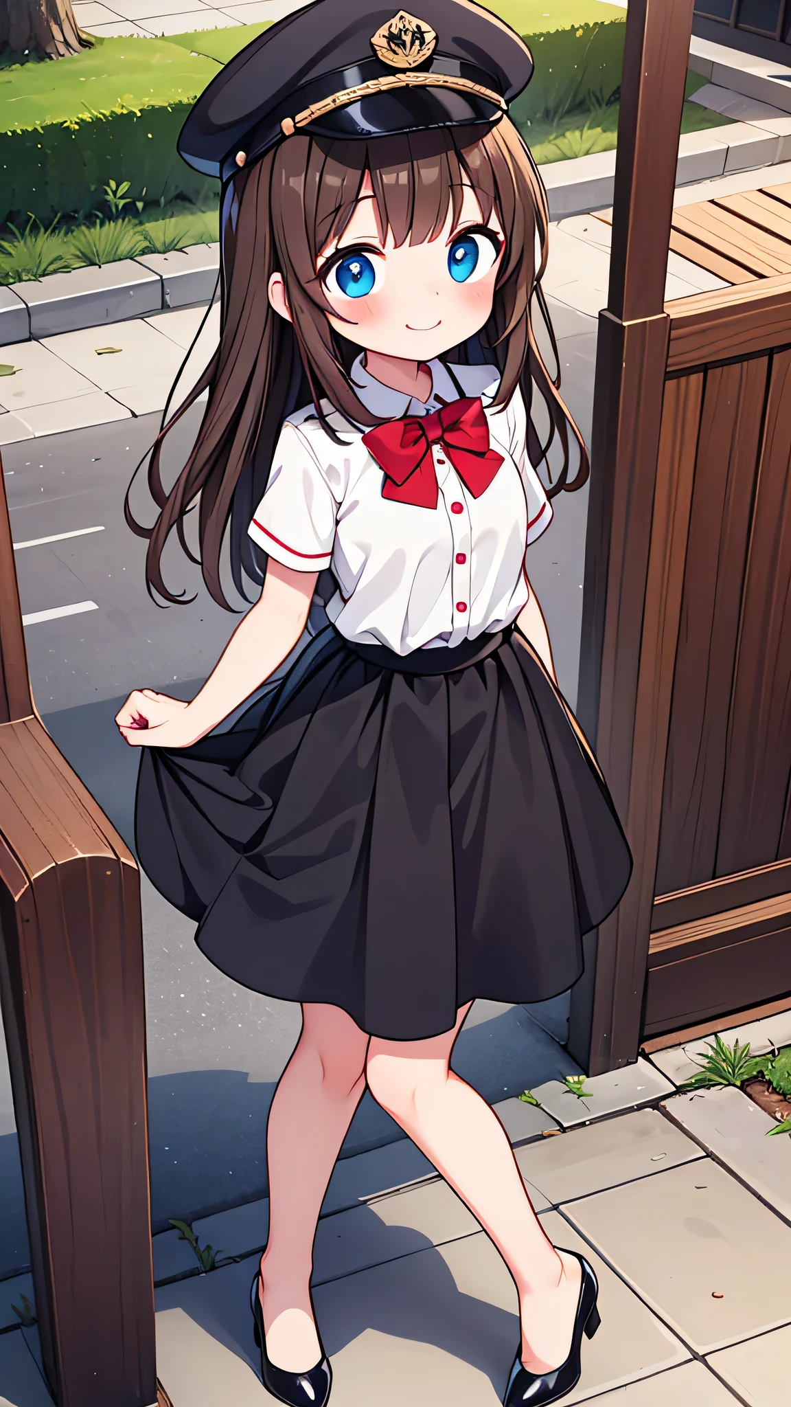 {Highest quality}, {Super beautiful},{Ultra fine},{Best illustration},Brown Hair,Hime cut,long hair,Braid,One woman,Standing Woman,Strike a pose,smile,smilingly,Uniform cap,White Shirt,Short sleeve,Long black skirt,at the park,Blushing,Slender,Black stiletto heels,barefoot,Stand with your legs together,from the front,Bend one leg
