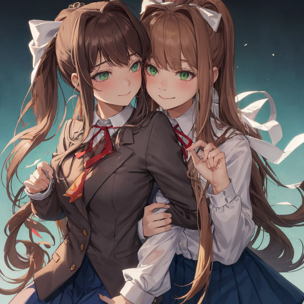 monika, green eyes, very long hair, ponytail, white bow, blazer, brown sweater, collared shirt, neck ribbon, blue skirt, 2girls, heart eyes, smile, lustful gaze, holding chin, blush, classroom