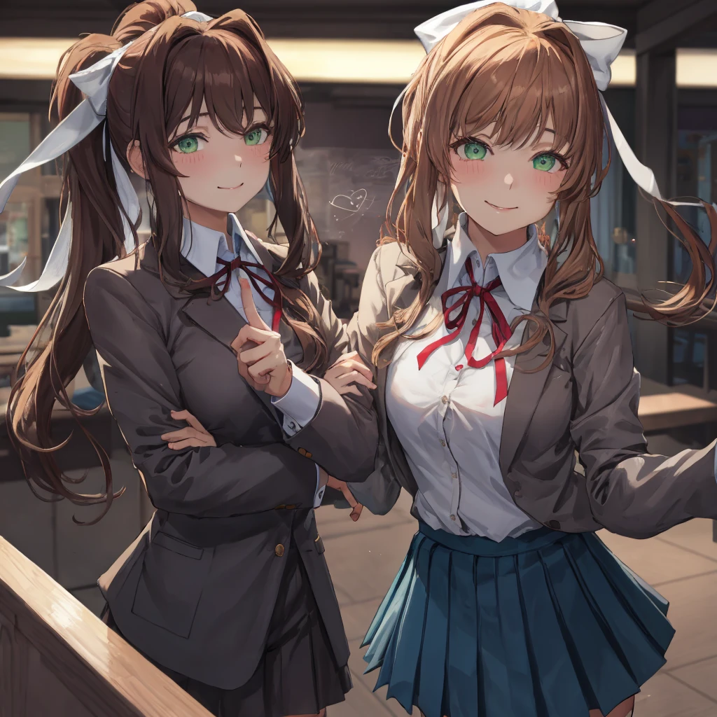 monika, green eyes, very long hair, ponytail, white bow, blazer, brown sweater, collared shirt, neck ribbon, blue skirt, 2girls, heart eyes, smile, lustful gaze, holding chin, blush, classroom