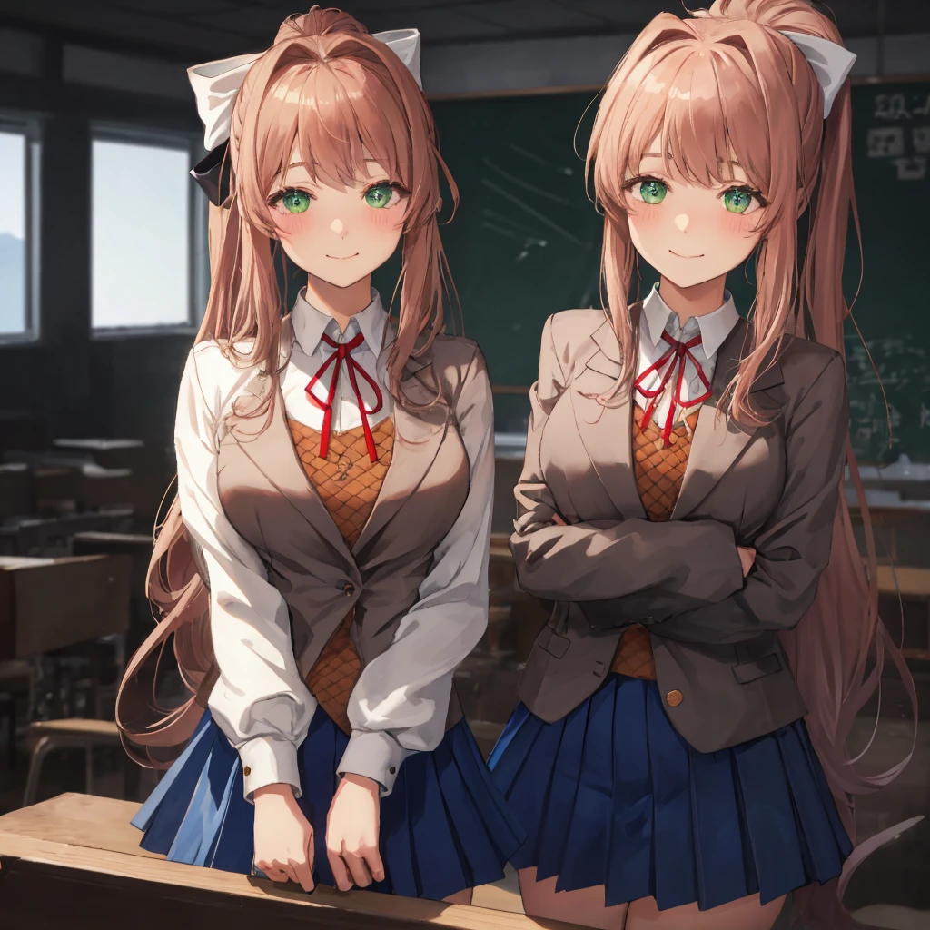 monika, green eyes, very long hair, ponytail, white bow, blazer, brown sweater, collared shirt, neck ribbon, blue skirt, 2girls, heart eyes, smile, lustful gaze, holding chin, blush, classroom