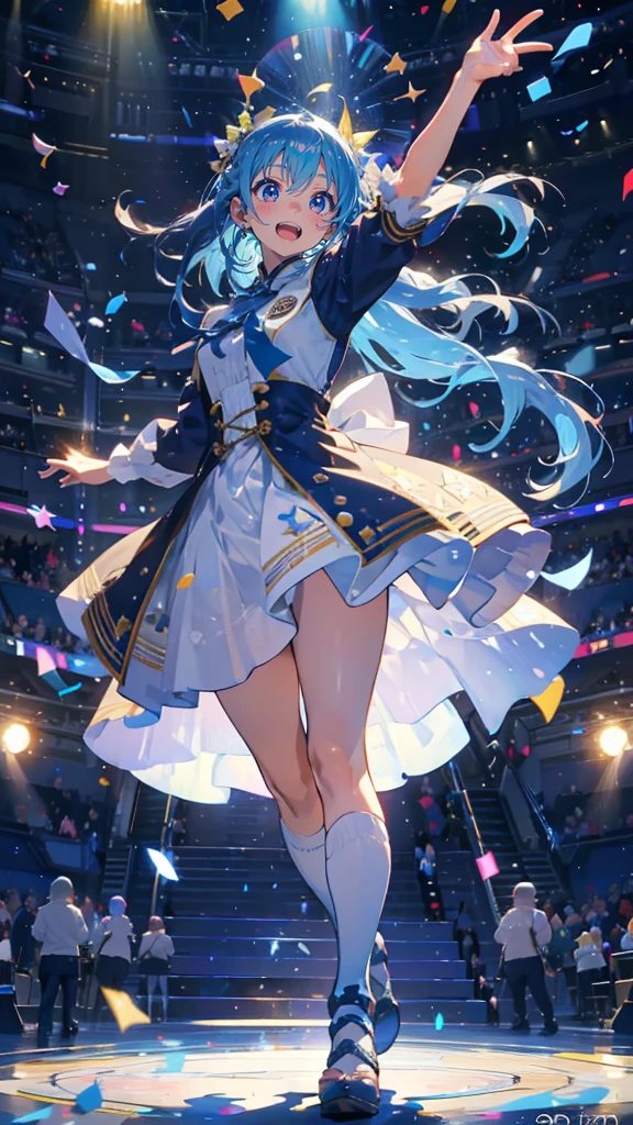 (Pieces fly), (Highest quality), Very detailed, ((1 Girl)), Solo full body shot,Low Angle,dynamic,Jump,((smile)),Perfect Face, Beautiful Face, Very detailedな顔,(Light blue long hair_blue eyes:1.3),Idol Costumes,The only idol,Ribbon hair ornament,Concert Dome,live,Holding a microphone,sing,Laugh with your mouth wide open,Laser light,Confetti