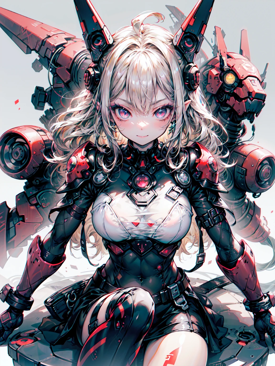 (Armed female warrior with curves and strong muscles), (Evil expressions), ((Voluminous wavy blonde hair)), Glowing red eyes, ((She has a big, shiny, dark red star on her chest.)), Refined details, (Dressed in sleek, high-tech, futuristic black:70 and dark red:90 Tactical Polished Skirted Armor), Highly militarized, ((Sideways threatening pose)), ((Sitting sideways on a spaceship)), (Surrounded by holographic numbers, symbols and stars), 最high quality, Crisp, clear lines, high quality, 8K Professional Image、Blake、（Dark Elf), (1 Girl), alone, 優しいsmile、Perfect Face, Get used to it, Ahoge, ((Long Hair:1.2)), [[Messy Hair]], Shiny blonde white hair, Purple eyes, Variegated eyes, Colorful Hair, Shining Eyes, (eyelash, eye shadow, pink eye shadow), bright, smile, Design Art：haruhiko mikimoto, by Kawashi, By Yoshitaka Amano, （Dark brown skin）
