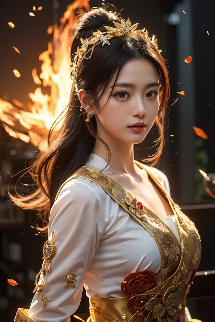 Beautiful Japanese Waifu, ehite and gold Chinese traditional dress, diamond hair decoration, fire in background