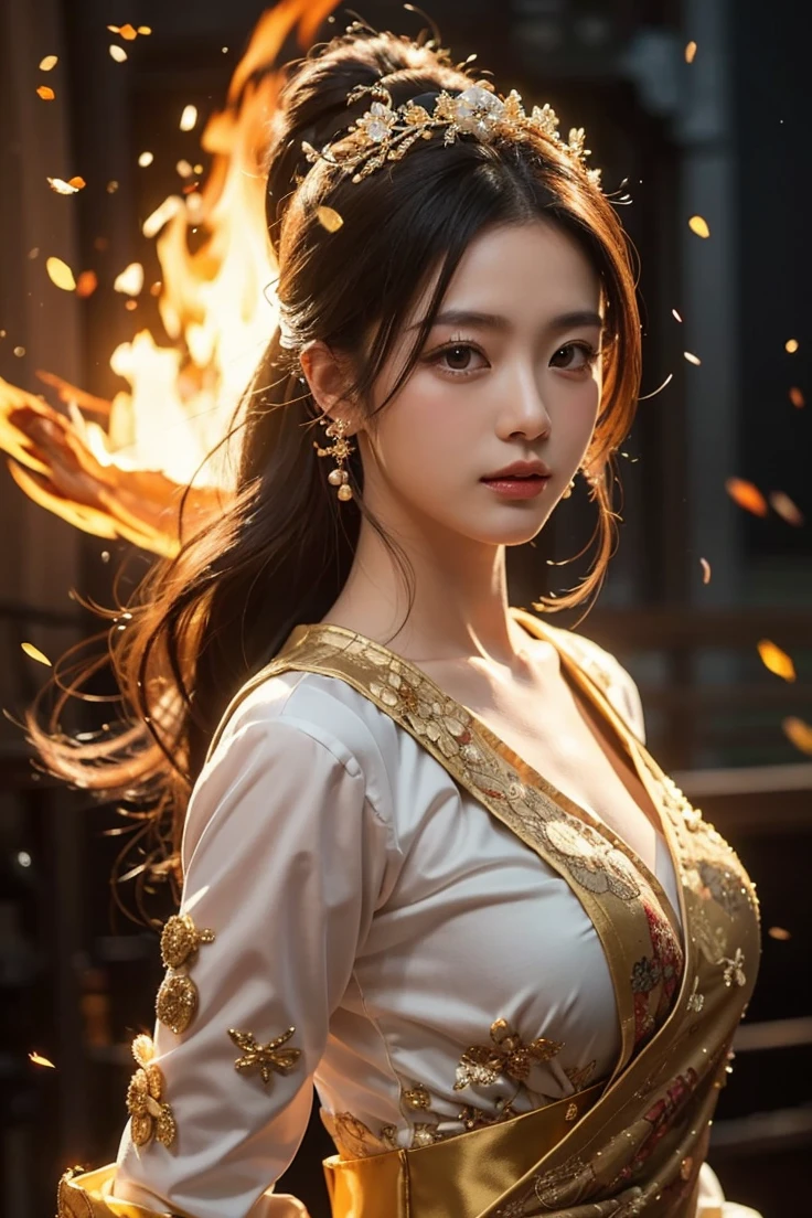 Beautiful Japanese Waifu, ehite and gold Chinese traditional dress, diamond hair decoration, fire in background