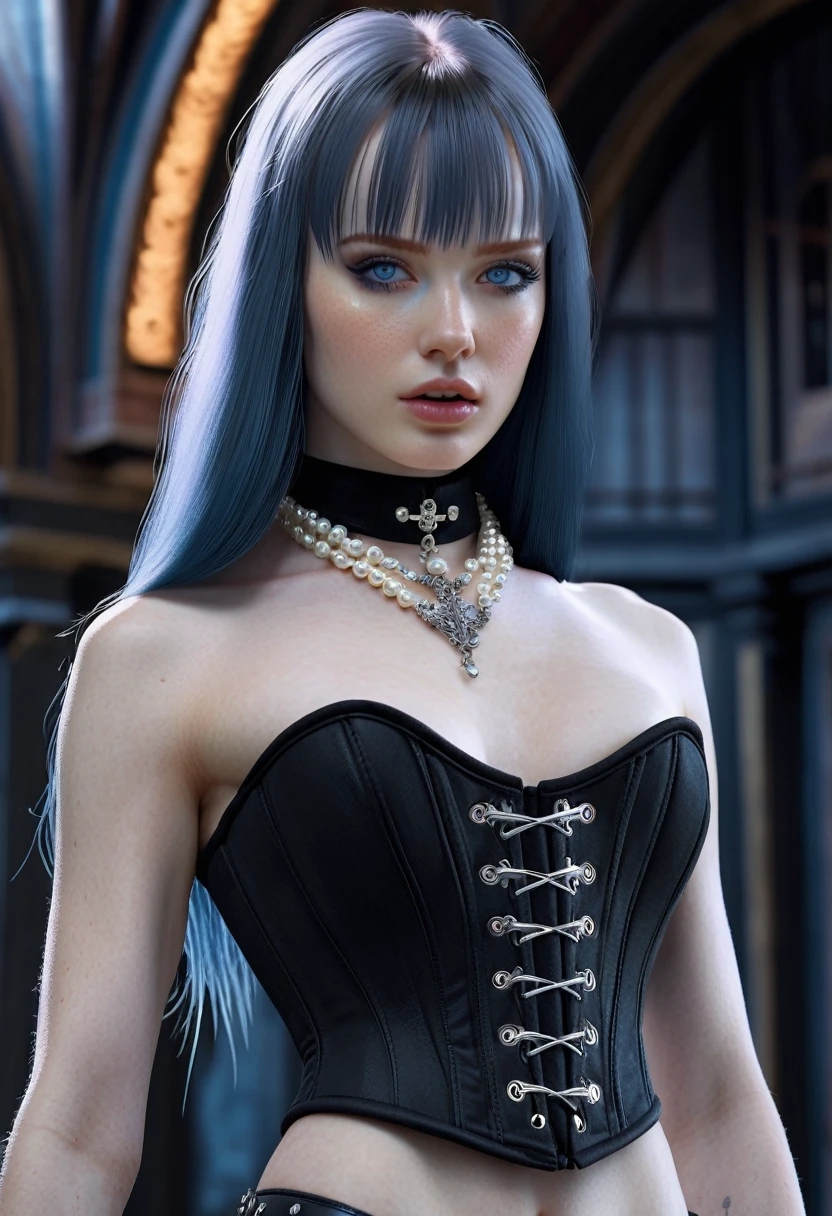 FROM ABOVE, Madelaine Petsch ((Pale Skin)), ((Pearl Skin)), ((black hair with bangs)), ((She has long, straight black hair with straight bangs above her eyebrows and light blue eyes, pale pale skin, athletic body, slim waist. wears a gothic metalhead look Corset, always with spike accessories like bracelets and chokers)), Sexy Woman ((She has long straight black hair and icy light blue eyes, pale skin, a atletic defined toned body, a thin waist, wide hips.)) Portrait ((Perfect Feminine Face)), Precision, 8K, High Detail, (Highly Detailed CG Unity 8K Wallpaper), Ultra-realistic Full Shot Body Image, Beautiful (Skinny) Sexy, Trending in CGSociety, Complex, High Definition, Sharp Focus, Dramatic, Volume Lighting, Digital painting, intense model shooting style, (highly detailed CG Unity 8K wallpaper), full-shot body photos of the most beautiful works in the world, pale skin, professional majestic oil paintings by Ed Blinkey, Atey, Studio Ghibli, Jeremy Mann, Greg Manchez, Antonio Moro, trending on ArtStation, Trending, Incremental, High Detail, Sharp Focus, Mid Journey and dramatic and photorealistic painting art by Greg Rutkowski at CGSociety