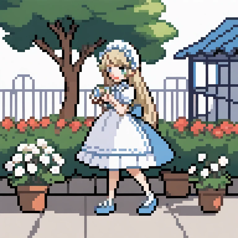 ((Flower Type)), (), (1 Girl), (((Solitary))), (Practical:1.5), Light Particles, Light, Victorian Era, (Best Illustration Award), photoPractical, Octane Rendering, 8K, Neon, Flying Cars, Delicate face, Delicate eyes, ((maid)), maid headband, Long braids, Very long hair, Blonde hair, blue eyes, (Sharp eyeliner, Eyeshadow, Delicate eyes:1.1), (ulzzang-6500), Model pose, (permanent), (outdoor), Noon time, Public area, indoors, (Green house in the background), Breaking down the G36
