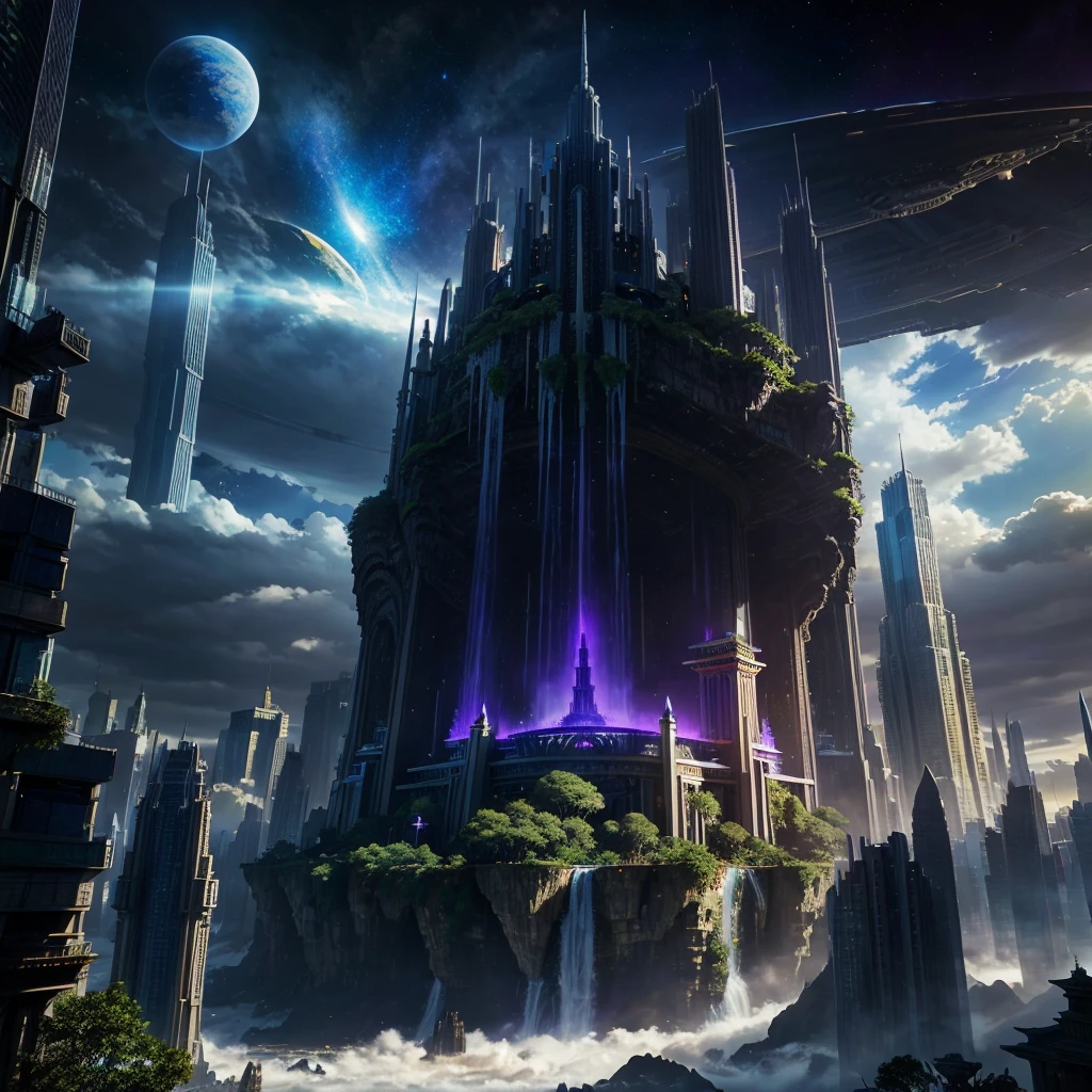 A huge fantastical sci-fi city, aether city, floating aerial metropolis,Skyscrapers、Daytime,Huge construction,Super huge waterfall,Super huge temple,Super huge torii,mysterious,Fantasy, towering skyscrapers, massive waterfall, celestial planets in the sky, surrounded by clouds, cosmic architecture, violet energy scars around, central massive castle, astral sky