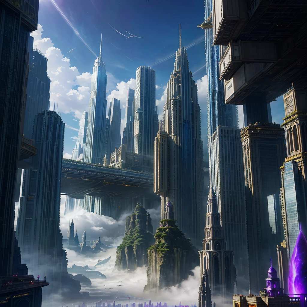 A huge fantastical sci-fi city, aether city, floating aerial metropolis,Skyscrapers、Daytime,Huge construction,Super huge waterfall,Super huge temple,Super huge torii,mysterious,Fantasy, towering skyscrapers, massive waterfall, celestial planets in the sky, surrounded by clouds, cosmic architecture, violet energy scars around, central massive castle, astral sky