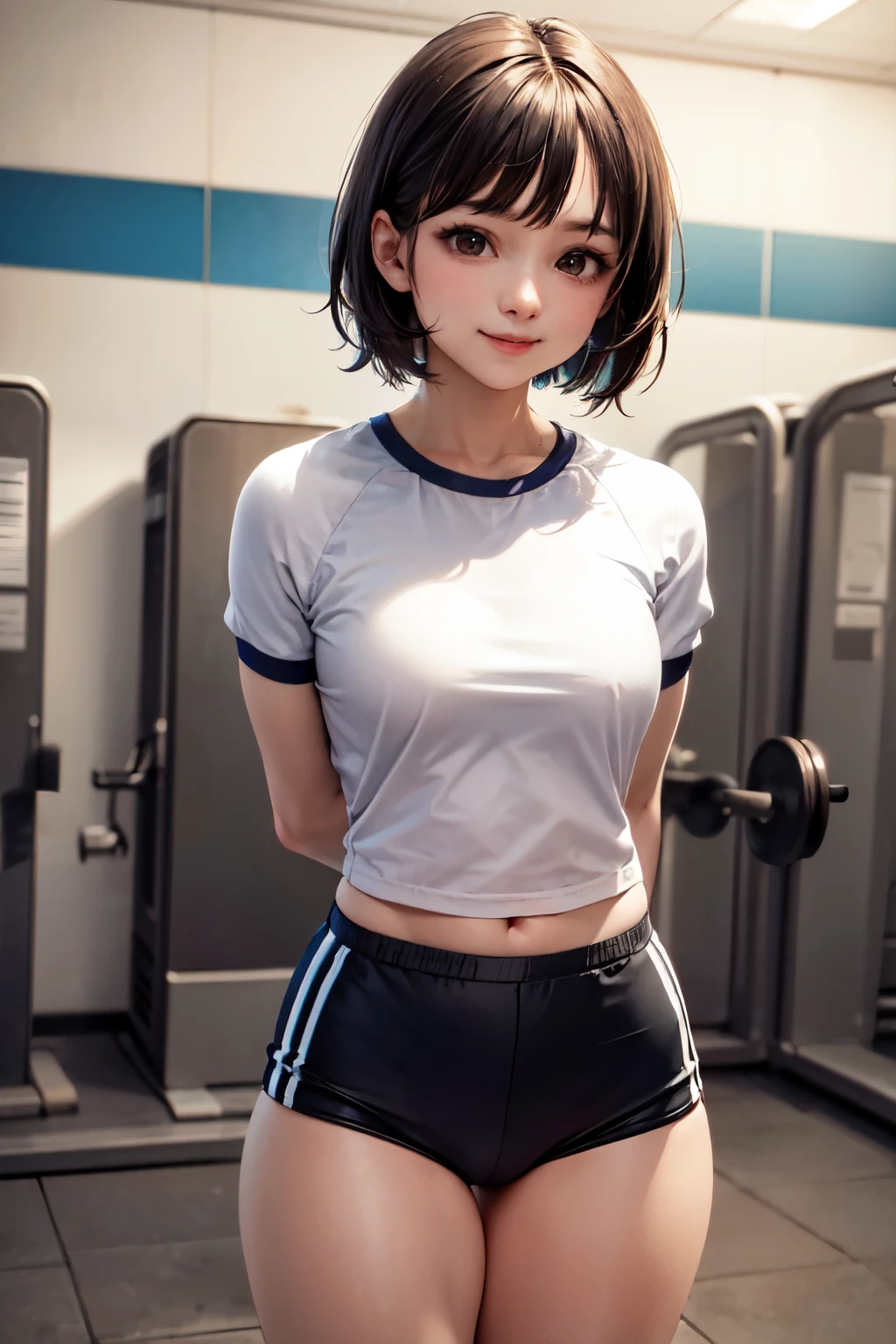 very cute and beautiful girl,(highly detailed beautiful face),(smile:1.2),happy,looking at viewer, (japanese ladies gym uniform),(blue bloomers),standing,arms behind back,detailed legs, locker room in training gym,black hair,hair band, (best quality,masterpiece),absurdres,highres,ultra-detailed,extremely detailed,32k,8k resolution, intricate details,cinematic scene,detailed background,solo,dynamic angle,