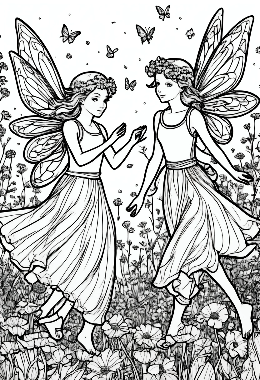 (A black and white coloring book:1.5), A group of flower fairies dancing in a meadow of wildflowers, clean line art, white background, colouring page, clean outline