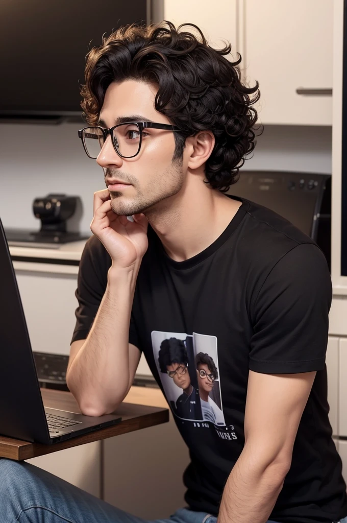Create a 3D illustration of an animated 38 year old male character with glasses sitting casually on top of a social media logo "instagramart". The character must wear a black t-shirt, short and wavy curly hair, darkskin, brown eyes, Lean, no beard and holding a ps5. The background of the image is a social media profile page with the username "working day" and a matching profile photo