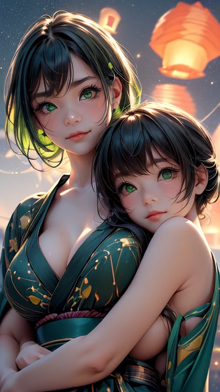 nsfw, Masterpiece, top quality, highly detailed, (Photorealistic style:1.4), Chiaroscuro style, backlighting, 2 girls, A lesbian couple in yukata, (Hug from behind, and put hand on naked bust, bust shot:1.6), looking at the camera with a smile, (A close-up of their beautiful faces,  green eyes:1.8), (Lots of fireworks all over the sky, Many Lanterns floating in the sky, big shining milky way:1.4),