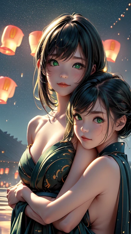 nsfw, Masterpiece, top quality, highly detailed, (Photorealistic style:1.4), Chiaroscuro style, backlighting, 2 girls, A lesbian couple in yukata, (Hug from behind, and put hand on naked bust, bust shot:1.6), looking at the camera with a smile, (A close-up of their beautiful faces,  green eyes:1.8), (Lots of fireworks all over the sky, Many Lanterns floating in the sky, big shining milky way:1.4),