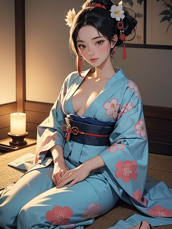 (Highest quality、masterpiece、High resolution、8K)、Ukiyo-e、Vibrant colors、Utamaro、Edo Period、Flowers of Yoshiwara、1 flower kui、whole body、Japanese-style room、It is a tatami room.、There is a candle light、Utamaroの絵のモデル、The courtesan&#39;s hair is black and beautiful、Decoration、The kimono is white with red floral patterns、Sitting、Sitting sideways、The kimono has been flipped up, exposing the bare skin of a part of the leg.、One hand is holding a fan open、Details of the model&#39;s gestures and facial expressions、Official Art、Detailed CG、