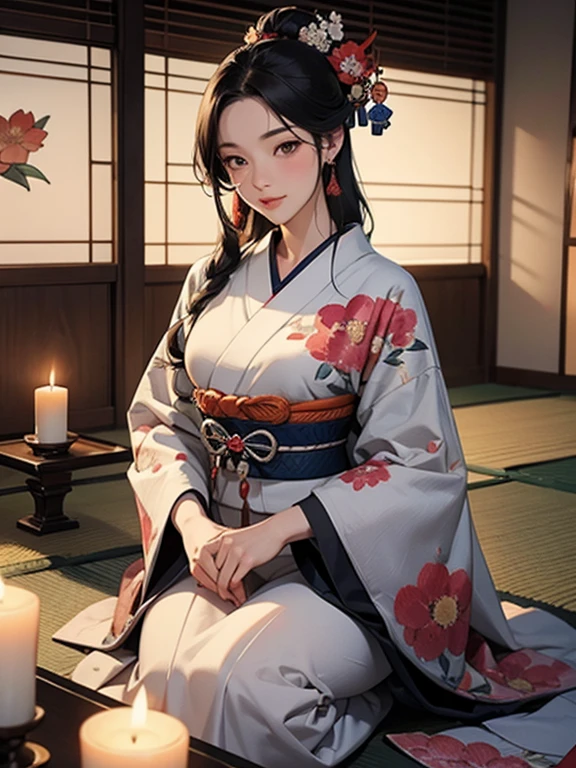 (Highest quality、masterpiece、High resolution、8K)、Ukiyo-e、Vibrant colors、Utamaro、Edo Period、Flowers of Yoshiwara、1 flower kui、whole body、Japanese-style room、It is a tatami room.、There is a candle light、Utamaroの絵のモデル、The courtesan&#39;s hair is black and beautiful、Decoration、The kimono is white with red floral patterns、Sitting、Sitting sideways、The kimono has been flipped up, exposing the bare skin of a part of the leg.、One hand is holding a fan open、Details of the model&#39;s gestures and facial expressions、Official Art、Detailed CG、