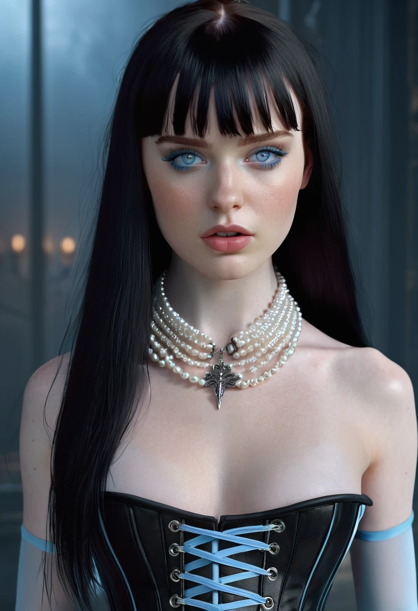 FROM ABOVE, Madelaine Petsch ((Pale Skin)), ((pale Skin)), ((black hair with bangs)), ((She has long, straight black hair with straight bangs above her eyebrows and light blue eyes, sharp eyes, siren eyes, pale pale skin, athletic body, slim waist. wears a gothic metalhead look Corset, always with spike accessories like bracelets and chokers)), Sexy Woman ((She has long straight black hair and icy light blue eyes, pale skin, a atletic defined toned body, a thin waist, wide hips.)) Portrait ((Perfect Feminine Face)), Precision, 8K, High Detail, (Highly Detailed CG Unity 8K Wallpaper), Ultra-realistic Full Shot Body Image, Beautiful (Skinny) Sexy, Trending in CGSociety, Complex, High Definition, Sharp Focus, Dramatic, Volume Lighting, Digital painting, intense model shooting style, (highly detailed CG Unity 8K wallpaper), full-shot body photos of the most beautiful works in the world, pale skin, professional majestic oil paintings by Ed Blinkey, Atey, Studio Ghibli, Jeremy Mann, Greg Manchez, Antonio Moro, trending on ArtStation, Trending, Incremental, High Detail, Sharp Focus, Mid Journey and dramatic and photorealistic painting art by Greg Rutkowski at CGSociety
