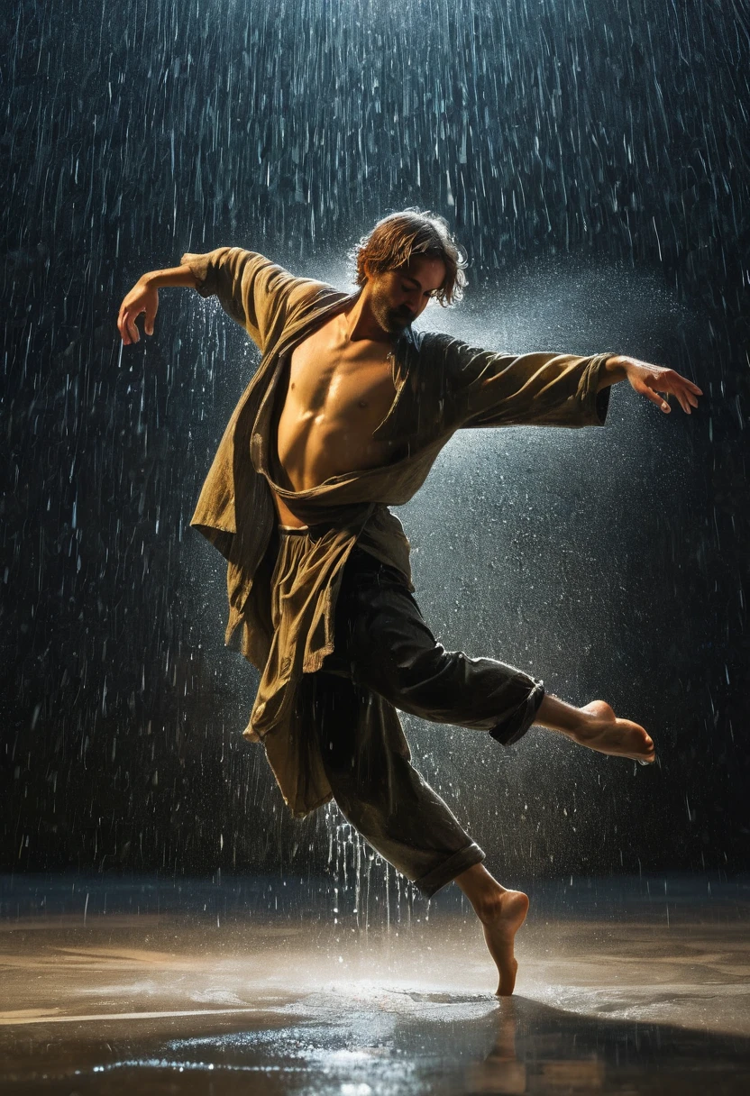 Soul Dancer Mark,A homeless man dancing alone in the rain，soul，Barefoot，Loose and worn clothes，Professional ballet movements，Fingertips 1 butterfly，Very contagious，Splash，Light and Shadow，Minimalism，artistic conception，Clean background