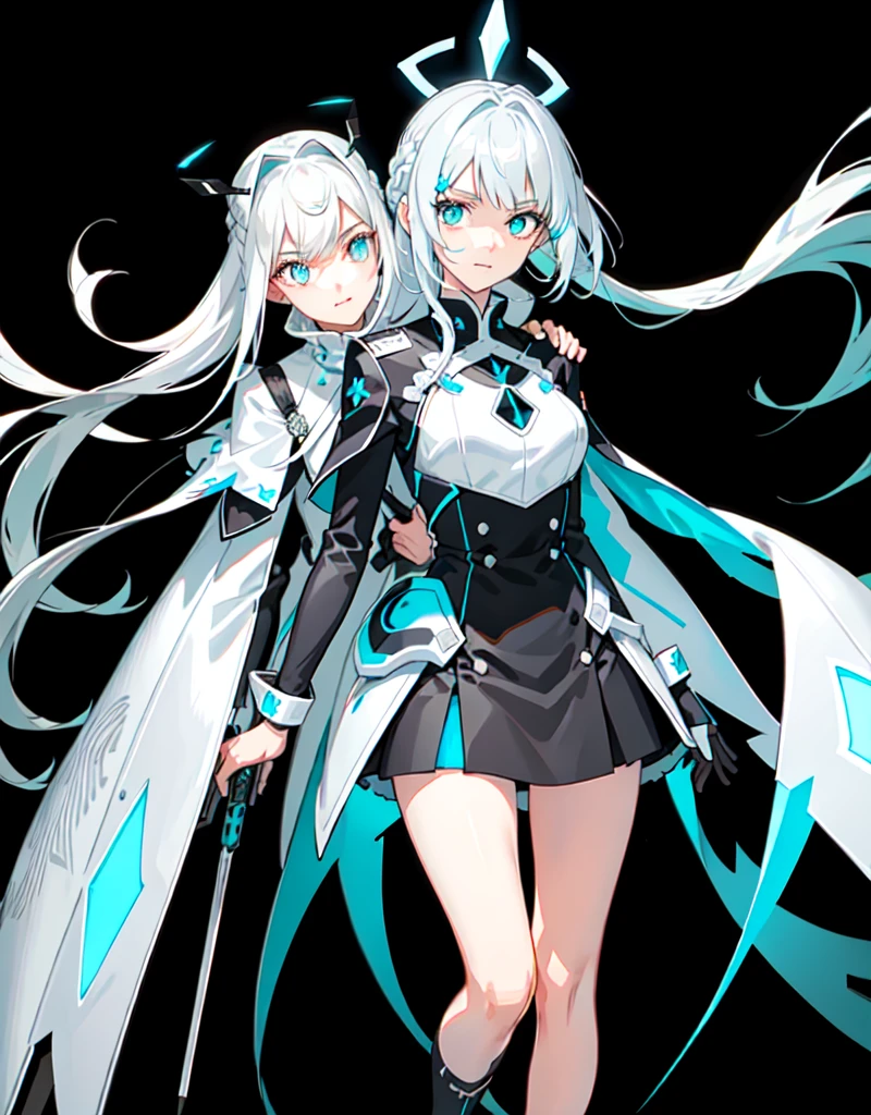 ({best quality}, {{masterpiece}},, {highres}),extremely detailed 8K wallpaper,anime_3D_Rendering,(solo,1girl),teenager,curvaceous_body,d_cup_breasts,detailed_face,slender waist,floating,perspective,beautiful_face,ample_breasts,high_saturation coloring,prodigy_girl,looking at viewer,standing next to viewer,confident,isomeric_view,realistic_lighting,ray_tracing,character_splash_art,honkai_star_rail
Full detailed face,(vivid_white_hair,detailed hair,very-long hair,twintail hairstyle,icy_blue tips,aqua inner hair,straight flowy hair,base tied with sharp hairclips,loose end,flowy,detailed),(two strands of silver hair framing face),singke white ahoge hair
(two sets of dual white blade-shaped mechanical headpiece,white antenna,pointy,blue at edge),(deep azure eyes,white cross pupil,realistic eyes,sharp eyes edge),head mounted display
((White and black mechanical mechasuit,figure-hugging)),(white long gloves,silky,detailed hands,darkblue edge),long sleeves,elbow pads,(white, black and neon blu armor) figure-hugging vest around breasts,darkblue edge,dark blue medals on vest,(white and azure hoodie),(white mechanical armor corset,a few slate blue glowing lines,black zipper),(white and aqua flowy capes,edged trims, light blue lining at tips),(black waistband,two silver holsters attached to waistband),(knee-length white mechanical dress,segmented hem,),white tassets,thigh-length,(black leggings),(blue legband around leg thigh,buckle),(long armor mechanical silver dress,elegant,trims,blue edge line),(black leggings),(white long combat boots,heeled), white damaged oversized t-shirt shows bare skin
,standing amidst battlefield ,tyndall effect rays of light,tfloating,broodiding,calm and happy trust expression,gentle smile,left hand on hips pose,right palm loose and empty,vivid facial expressions
Giant precision rifle on one hand, typical of mecha anime