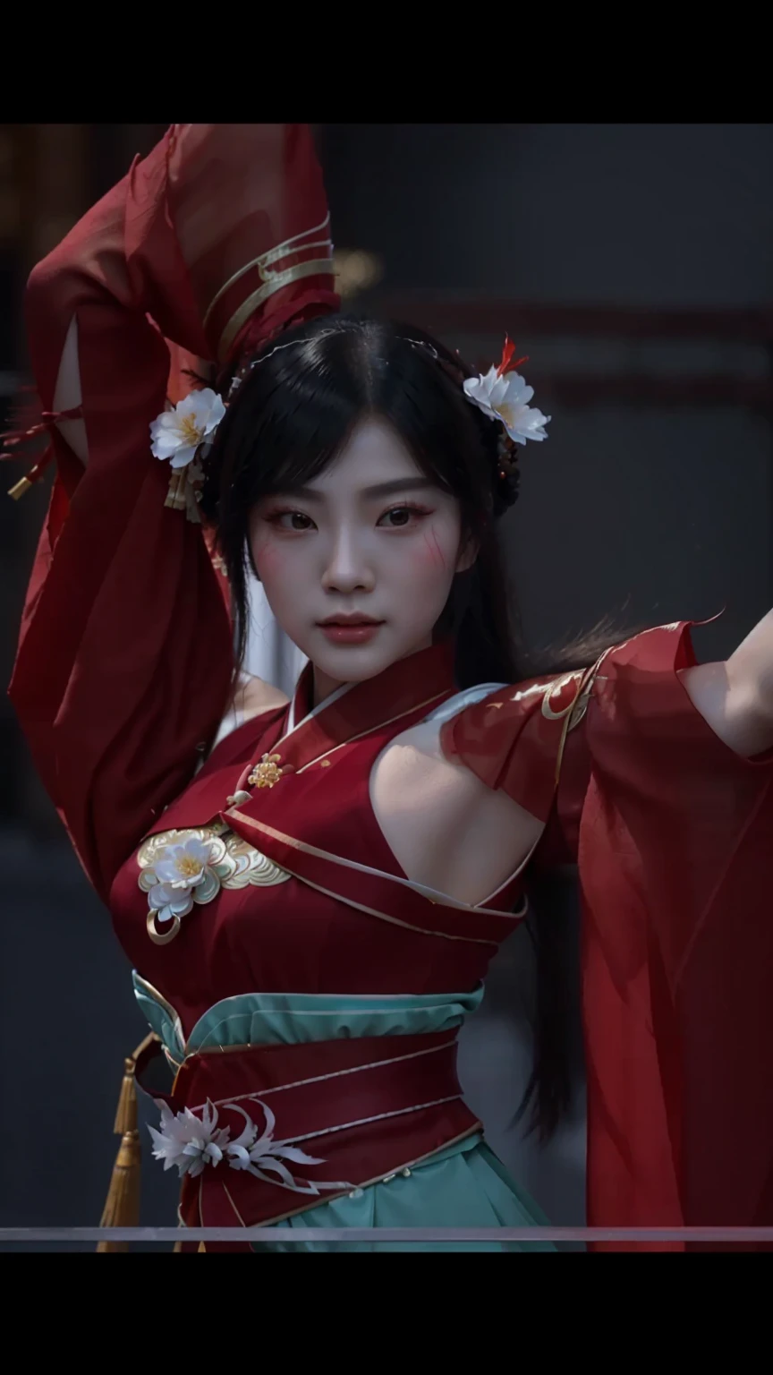 a close up of beautifull a young woman in a red dress dancing, inspired by Li Mei-shu, heise jinyao, zhongli from genshin impact, keqing from genshin impact, full body xianxia, yun ling, inspired by Lan Ying, onmyoji, inspired by Qiu Ying, inspired by Ju Lian, bian lian