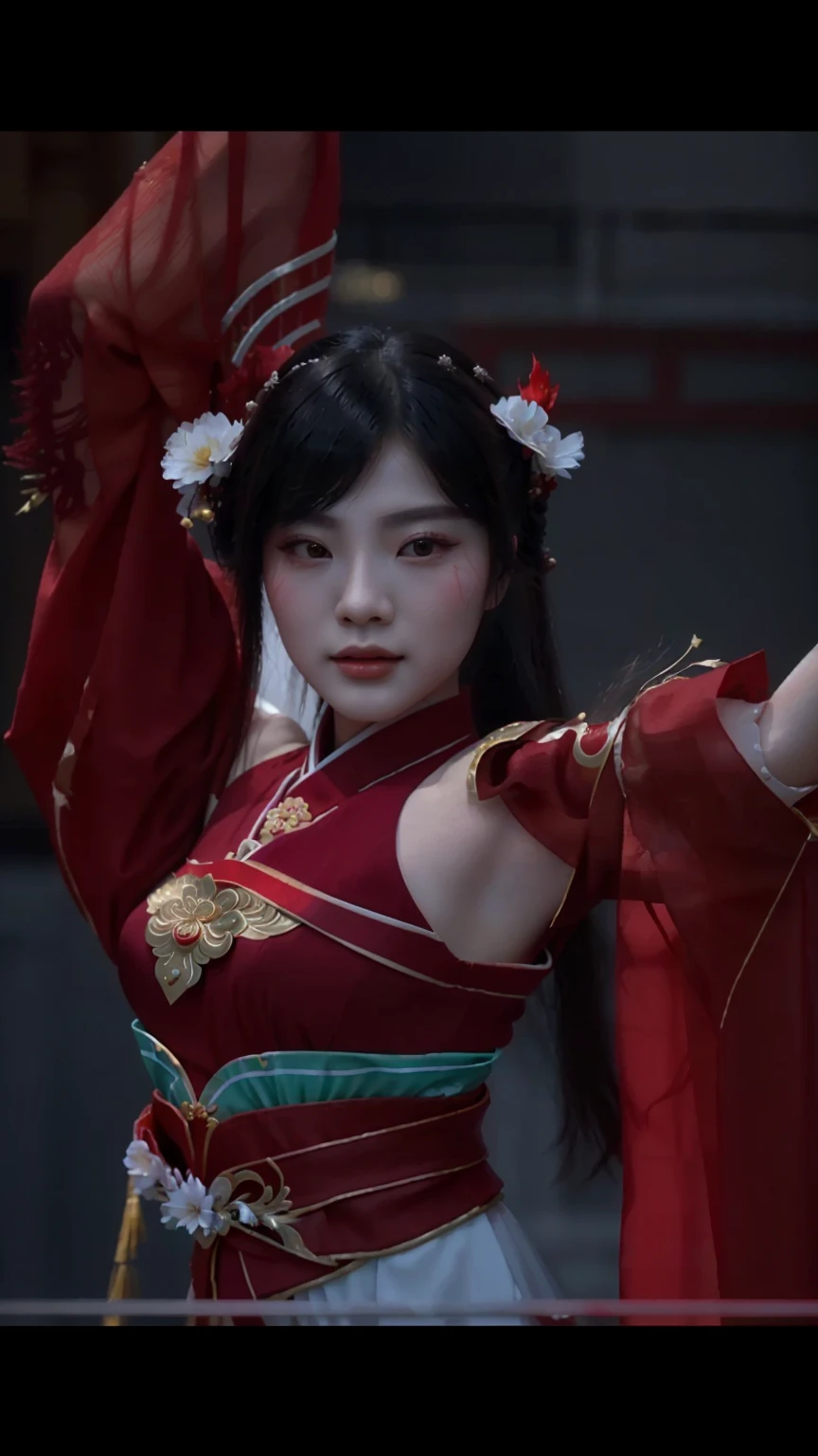 a close up of beautifull a young woman in a red dress dancing, inspired by Li Mei-shu, heise jinyao, zhongli from genshin impact, keqing from genshin impact, full body xianxia, yun ling, inspired by Lan Ying, onmyoji, inspired by Qiu Ying, inspired by Ju Lian, bian lian