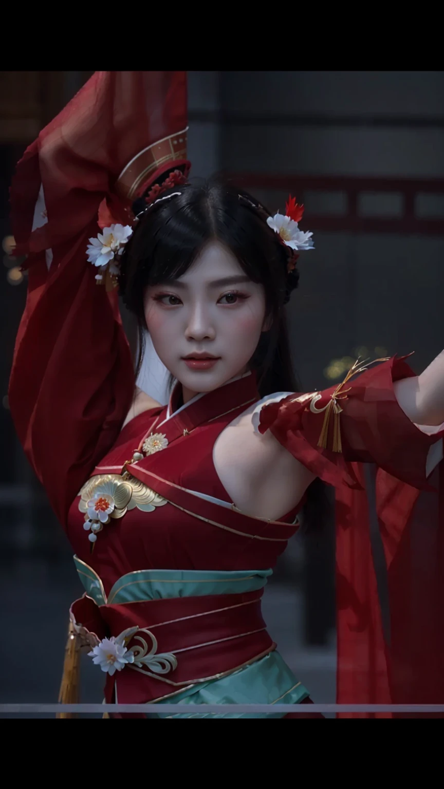 a close up of beautifull a young woman in a red dress dancing, inspired by Li Mei-shu, heise jinyao, zhongli from genshin impact, keqing from genshin impact, full body xianxia, yun ling, inspired by Lan Ying, onmyoji, inspired by Qiu Ying, inspired by Ju Lian, bian lian