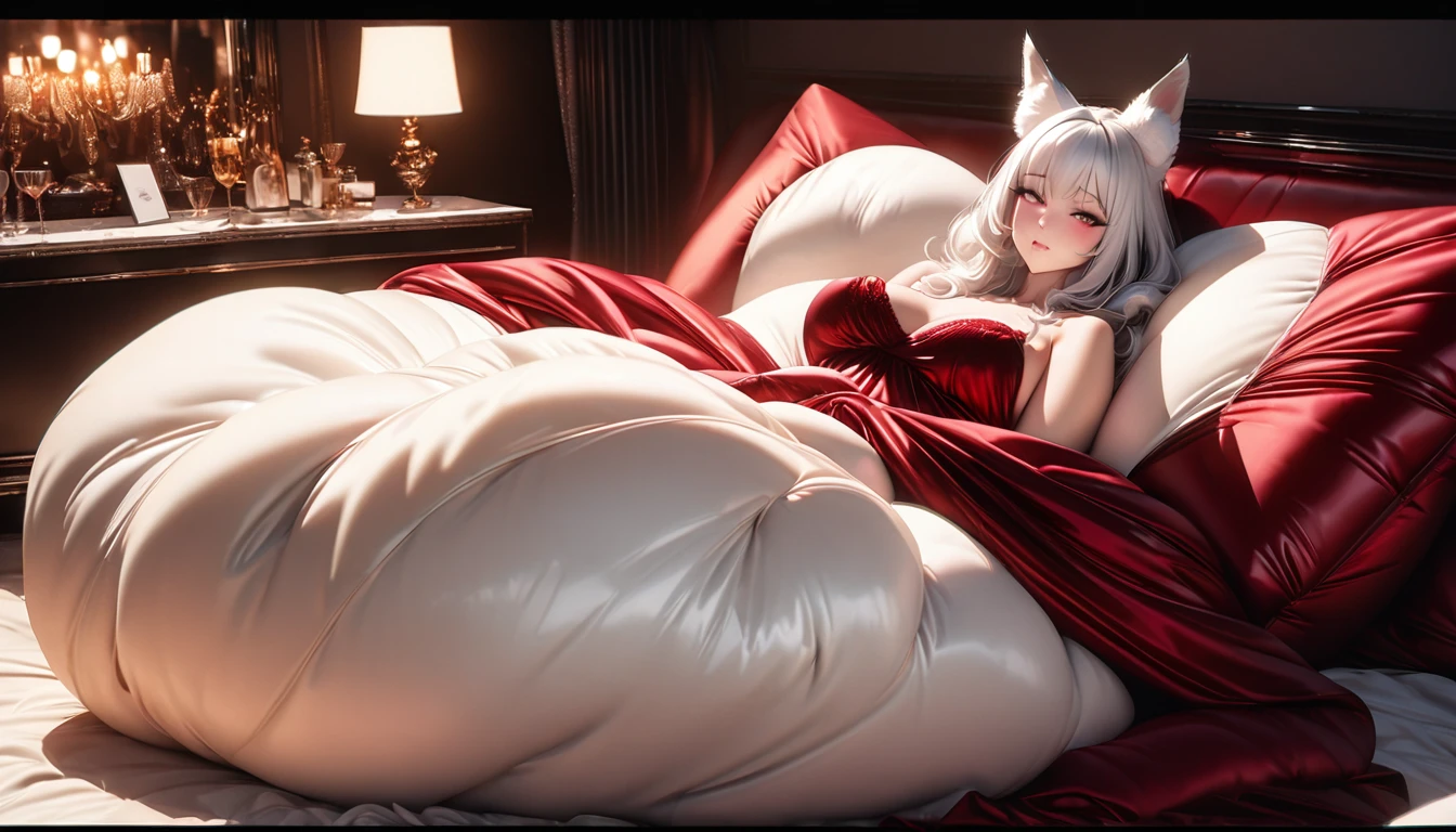 A fluffy red silk feather duvet, many huge silk body pillows, a luxurious and fluffy red silk bed, red silk sheets, 8k, best quality, high detailed, photorealistic, dramatic lighting, warm tones, luxurious, soft, plush, velvet, satin, velvety textures, elegant, sophisticated, premium, lavish, opulent, sumptuous, indulgent, exquisite, refined, lush, Pee stained. White chocolate sauce tered throughout. high angle. White hair, fox ears, high angle