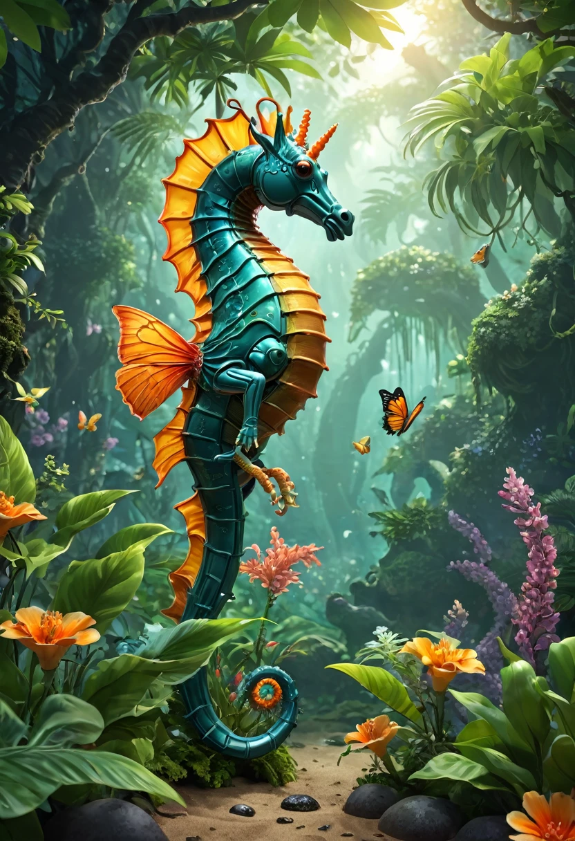 未来派空灵Seahorse,Sci-fi butterflies,未来Seahorse,Seahorse,Futuristic jungle background,masterpiece,(Highly detailed CG Unity 8k wallpaper),(Best quality),(Best Illustration Award),(The best shadow),The background is a forest theme,融入Natural Elements,Flowers in bloom,Warm colors,surrounded by 精美的leaf and branches,Sunlight,(Natural Elements),(Jungle theme),(leaf),Grapevine Anatai,(精美的leaf),(Particle Effects),Isometric 3D,Rendered by Octane, Ray Tracing,Extremely detailed