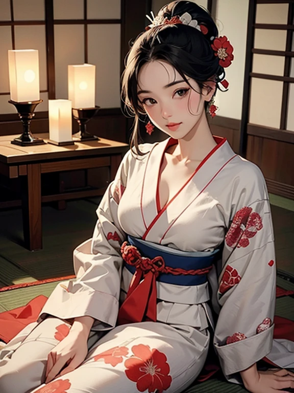 (Highest quality、masterpiece、High resolution、8K)、Ukiyo-e、Vibrant colors、Utamaro、Edo Period、Flowers of Yoshiwara、1 flower kui、whole body、Japanese-style room、It is a tatami room.、There is a candle light、Utamaroの絵のモデル、The courtesan&#39;s hair is black and beautiful、Decoration、The kimono is white with red floral patterns、Sitting、Sitting sideways、The kimono has been flipped up, exposing some bare skin.、One hand is holding a fan open、Details of the model&#39;s gestures and facial expressions、Official Art、Detailed CG、