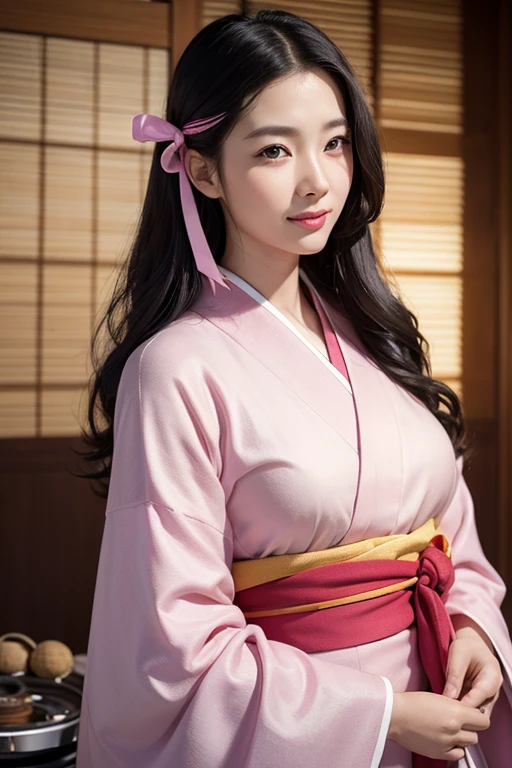 masterpiece, (Realistic:1.5), Realistic eyes, Asian woman, Highest quality, Beautiful lighting, Professional Lighting, Photon Mapping, Radio City, Physically Based Rendering,, kamado nezuko, One girl, Black Hair, amount, hair ribbon, kimono, kimono, Long Hair, Multicolored Hair, Open your mouth, Pink Eyes, pink kimono, pink ribbon, ribbon, smile, very Long Hair, null, ((Old age)),, (RAW Photos, 8K Ultra HD, Film Grain)