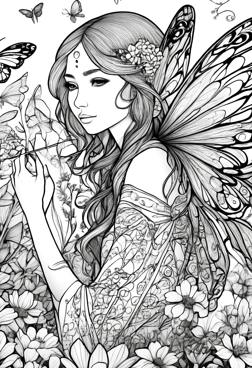 (A black and white coloring book:1.5), A fairy with dragonfly wings tending to a garden of luminous flowers, clean line art, white background, colouring page, clean outline