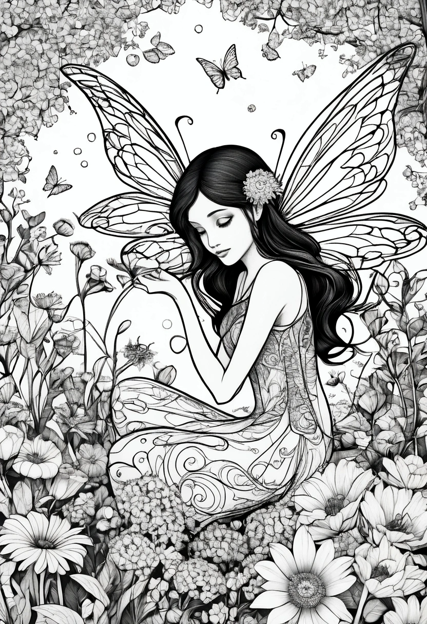 (A black and white coloring book:1.5), A fairy with dragonfly wings tending to a garden of luminous flowers, clean line art, white background, colouring page, clean outline