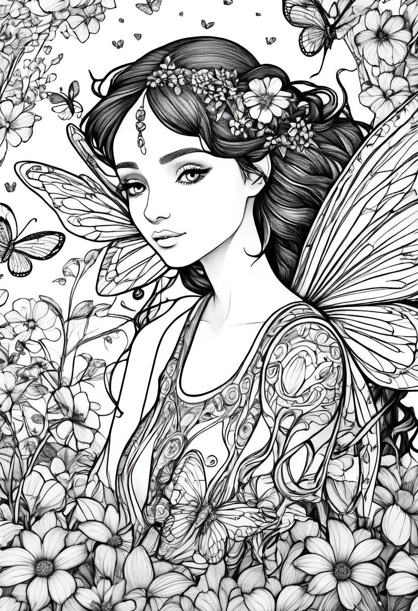 (A black and white coloring book:1.5), A fairy with dragonfly wings tending to a garden of luminous flowers, clean line art, white background, colouring page, clean outline
